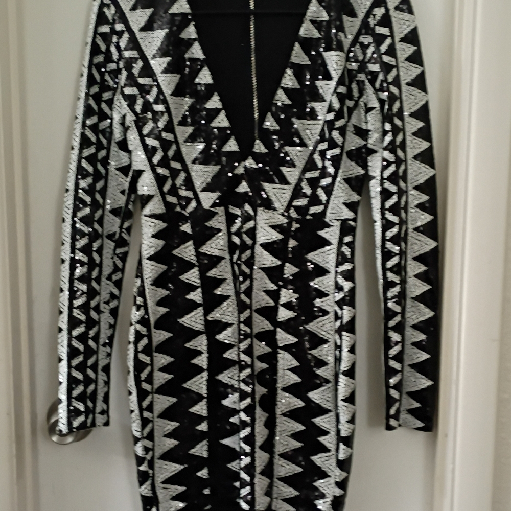 J.ouR Black Silver Sequin Geometric Bodycon Dress Long Sleeve Short Size S